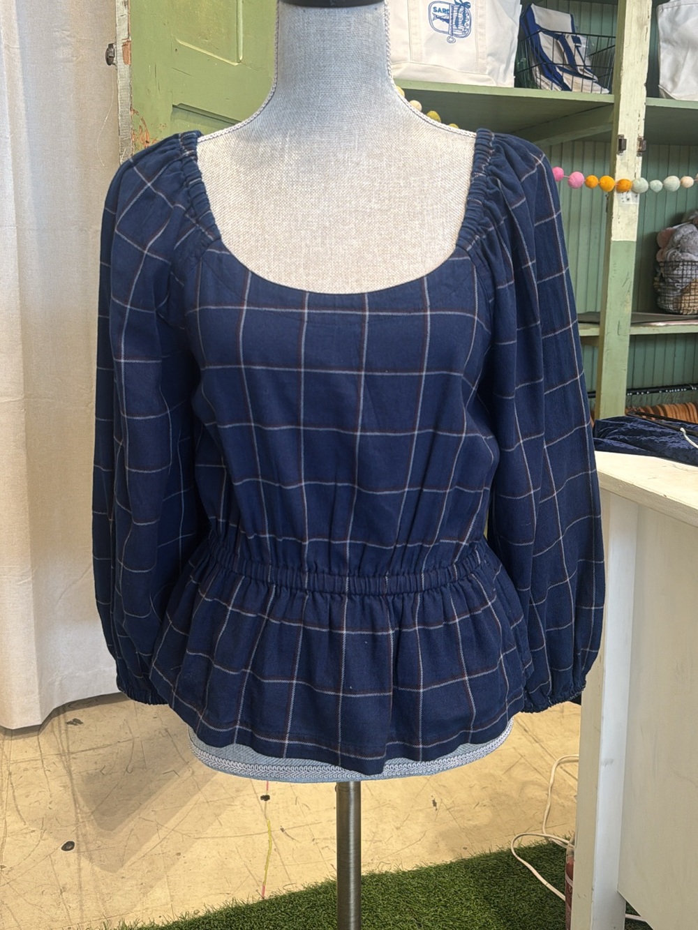 Plaid Navy Peplum Long-Sleeve Blouse